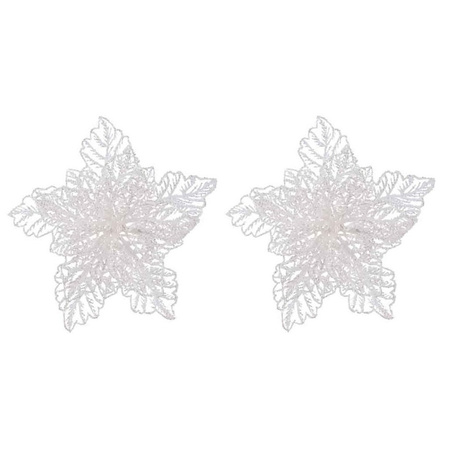4x Kerstversieringen glitter kerstster bloemen wit op clip 23 x 8 cm