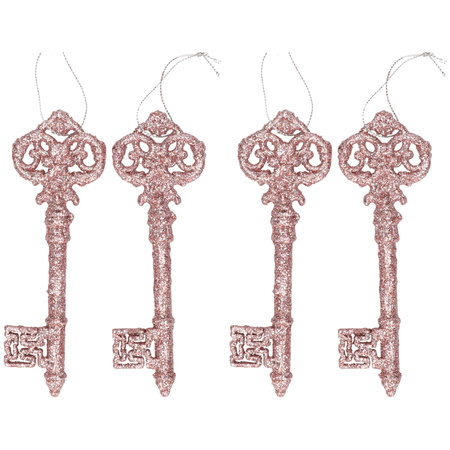 4x Oud roze kerstornamenten sleutels met glitter 15 cm