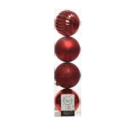 4x Kunststof kerstballen mix kerstrood 10 cm kerstboom versiering/decoratie