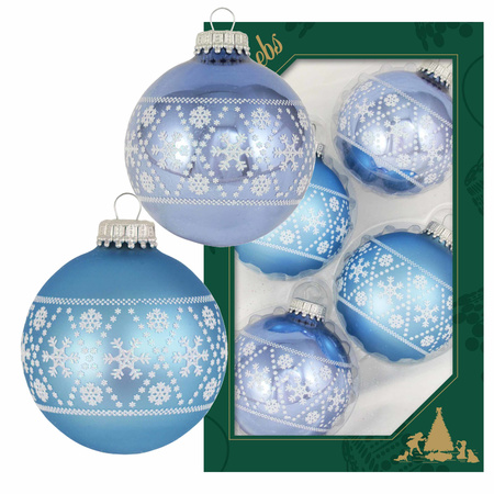 4x Glazen ijsblauwe/lichtblauwe kerstballen met witte decoratie 7 cm