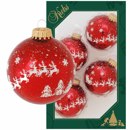 4x Luxury red glass christmas baubles reindeer 7 cm