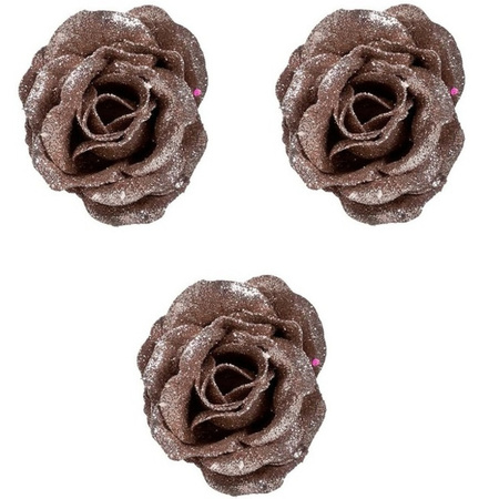 4x Oud roze decoratie roos glitters op clip 7 cm