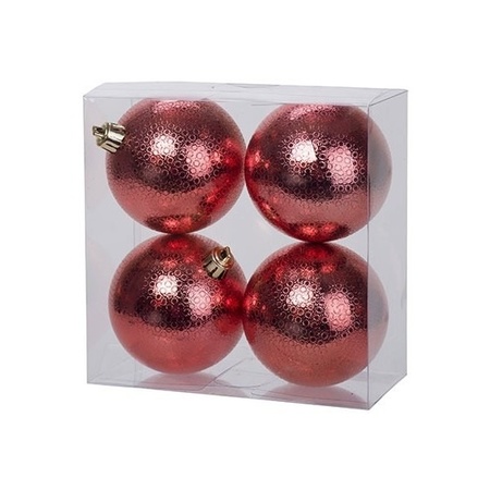 4x Kunststof kerstballen cirkel motief rood 8 cm kerstboom versiering/decoratie