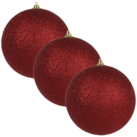 4x Rode grote kerstballen met glitter kunststof 13,5 cm