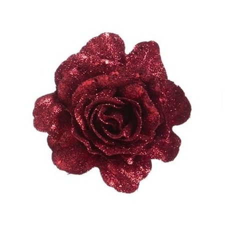 4x Rode decoratie roos glitters op clip 10 cm