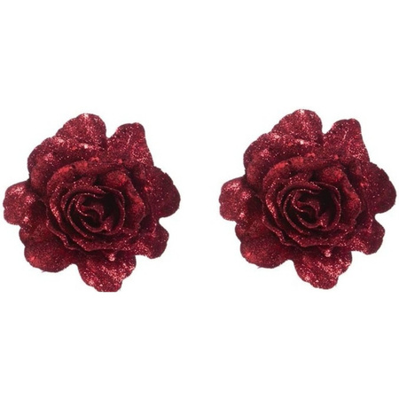 4x Rode decoratie roos glitters op clip 10 cm