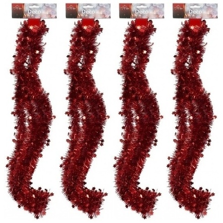  4x Red tinsel Christmas garlands with stars 270 cm
