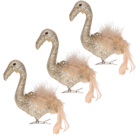 4x stuks decoratie vogels op clip flamingo goud 13 cm