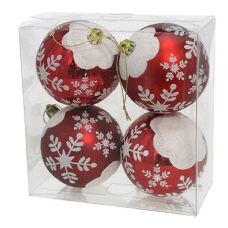 Gerimport Kerstballen - rood - 4ST - gedecoreerd - D8 cm - kunststof