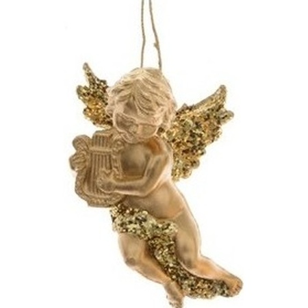 4x stuks kerst hangdecoratie gouden engeltje met harp muziekinstrument 10 cm