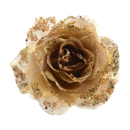 4x pieces golden glitter rose with clip 14 cm