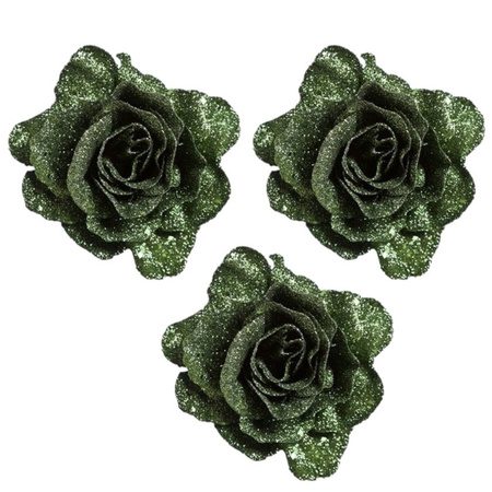 4x stuks groene decoratie rozen glitters op clip 10 cm