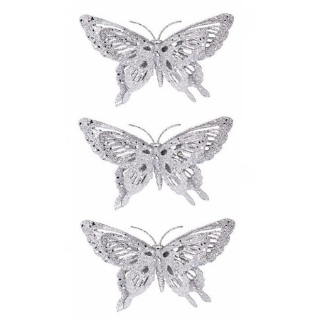 4x stuks kerstboom decoratie vlinder zilver 15 cm