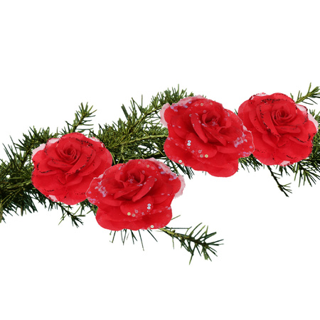4x stuks kerstboom decoratie bloemen rozen rood op clip 9 cm