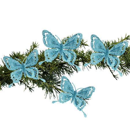 4x pcs christmas decoration butterflies on clips glitter blue 14 cm