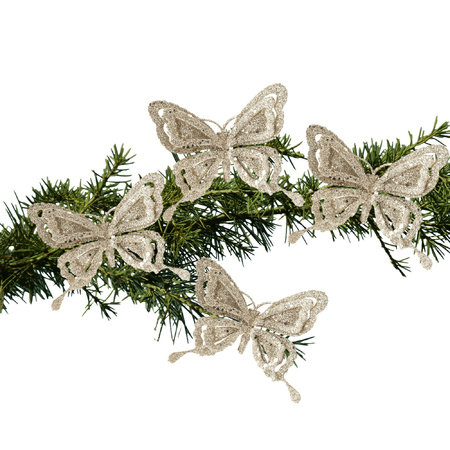 4x stuks kerstboom decoratie vlinders op clip glitter champagne 14 cm