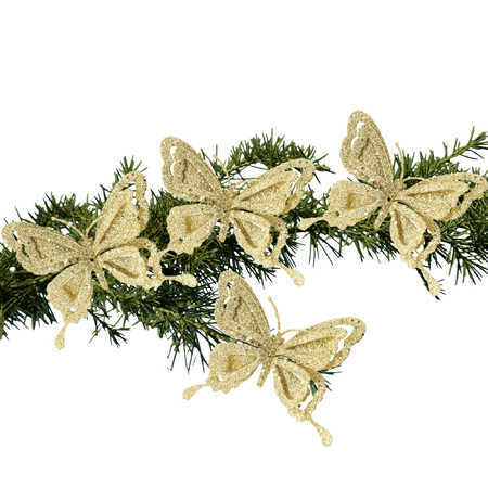 4x stuks kerstboom decoratie vlinders op clip glitter goud 14 cm