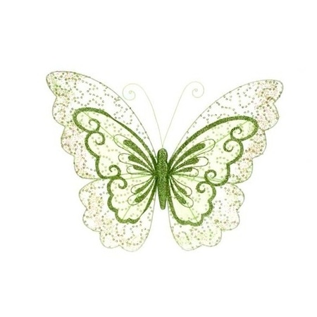 4x pcs christmas decoration butterflies on clips glitter green 34 cm