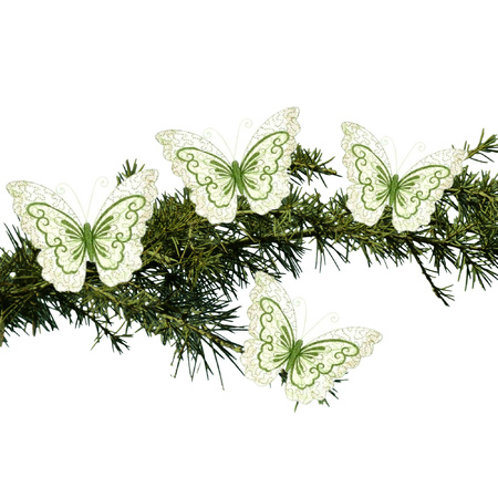 4x stuks kerstboom decoratie vlinders op clip glitter groen 34 cm