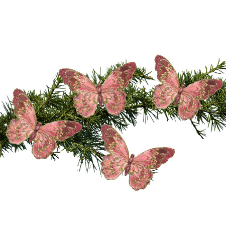 4x stuks kerstboom decoratie vlinders op clip glitter roze 18 cm