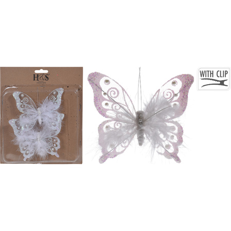4x stuks kerstboom decoratie vlinders op clip glitter wit 15,5 cm