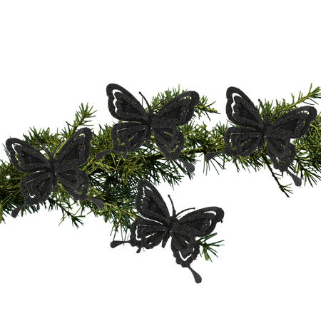 4x stuks kerstboom decoratie vlinders op clip glitter zwart 14 cm