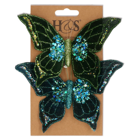 4x stuks kunststof decoratie vlinders op clip groen/blauw 10 x 15 cm
