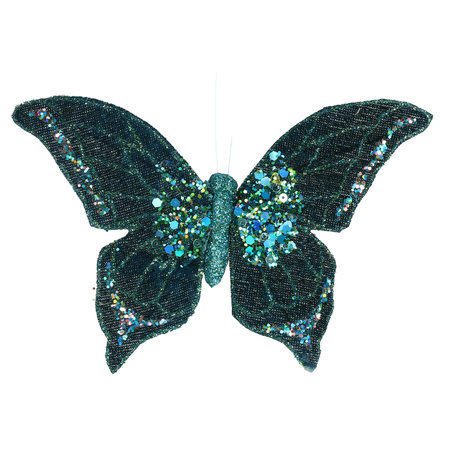 4x decoration green/blue butterflies on clips 10 x 15 cm