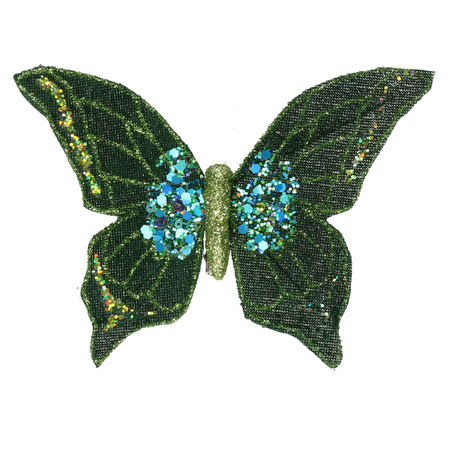 4x decoration green/blue butterflies on clips 10 x 15 cm