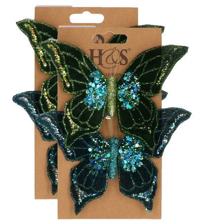 4x stuks kunststof decoratie vlinders op clip groen/blauw 10 x 15 cm