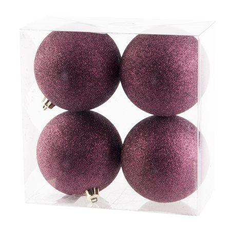 4x pcs plastic glitter christmas baubles aubergine pink 10 cm