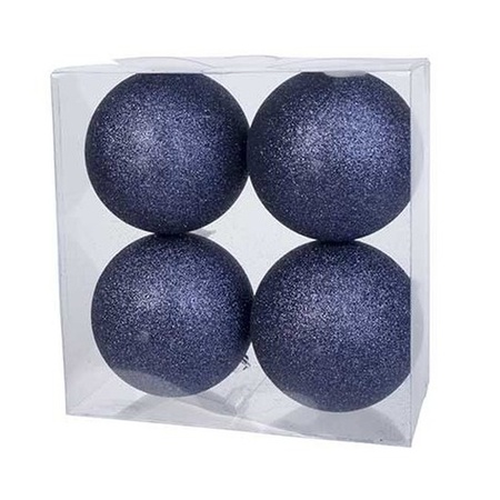4x stuks kunststof glitter kerstballen donkerblauw 10 cm