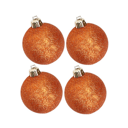 4x stuks kunststof glitter kerstballen oranje 10 cm