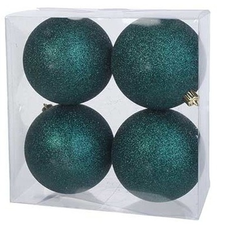 4x pcs plastic glitter christmas baubles petrol green 10 cm