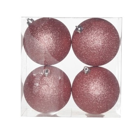 4x pcs plastic glitter christmas baubles pink 10 cm
