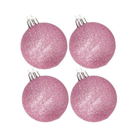 4x stuks kunststof glitter kerstballen roze 10 cm