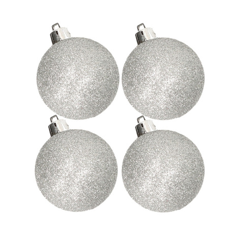 4x stuks kunststof glitter kerstballen zilver 10 cm