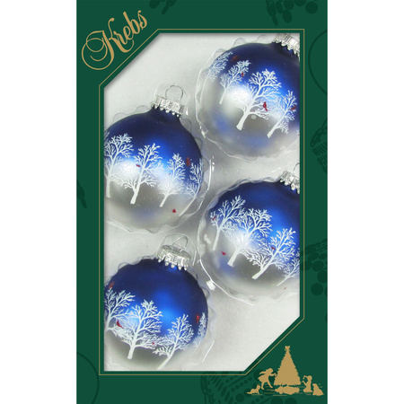4x pcs luxury glass christmas baubles 7 cm blue/silver with trees
