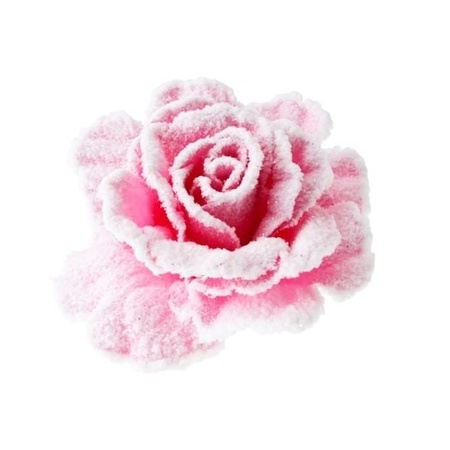 4x pieces pastel pink roses with snow on clip 10 cm