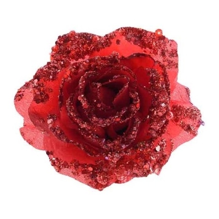 4x pieces red glitter roses on clips