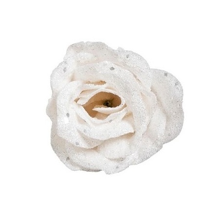 4x pieces white roses with glitter on clip 7 cm