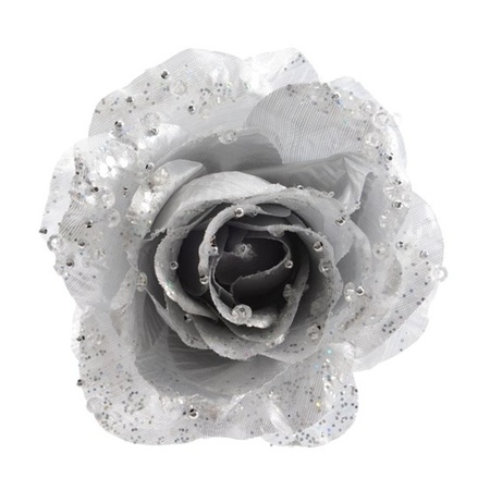 4x pieces silver glitter roses on clip