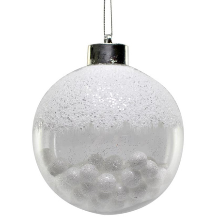 4x White plastic christmas baubles with snowballs 8 cm