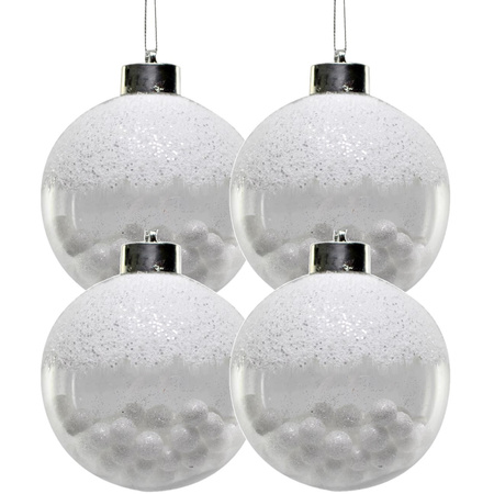4x Witte kunststof kerstballen met sneeuwballetjes 8 cm