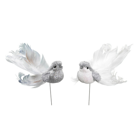 4x Vogels op stekers zilver/wit 16 cm met glitters decoratie materiaal