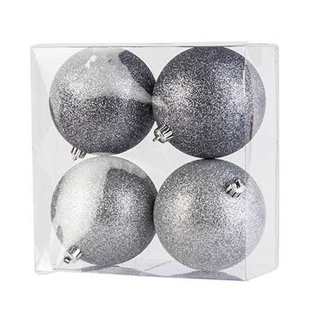 4x Kunststof kerstballen glitter zilver 10 cm kerstboom versiering/decoratie