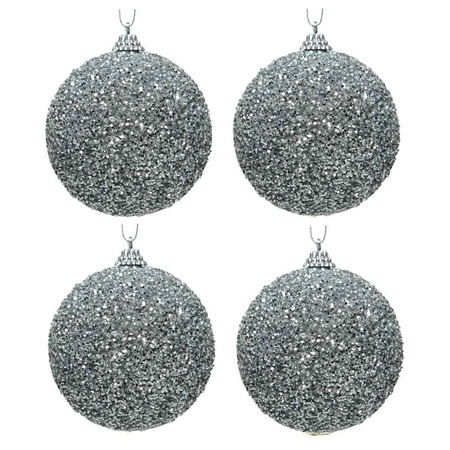 4x Kerstballen zilveren glitters 8 cm met kralen kunststof kerstboom versiering/decoratie