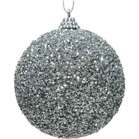 4x Kerstballen zilveren glitters 8 cm met kralen kunststof kerstboom versiering/decoratie