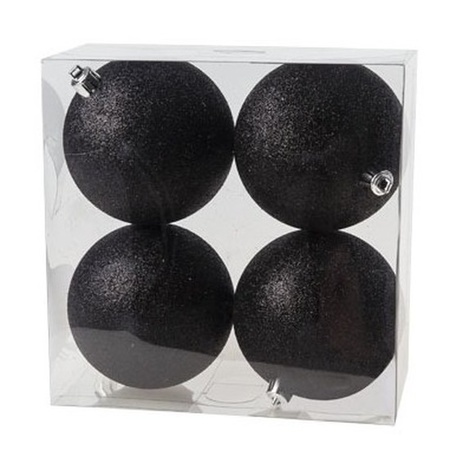 4x Kunststof kerstballen glitter zwart 10 cm kerstboom versiering/decoratie