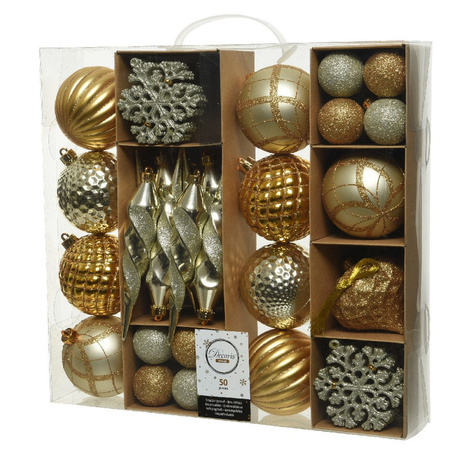 50x Kunststof kerstballen mix goud 4-8-15 cm kerstboom versiering/decoratie